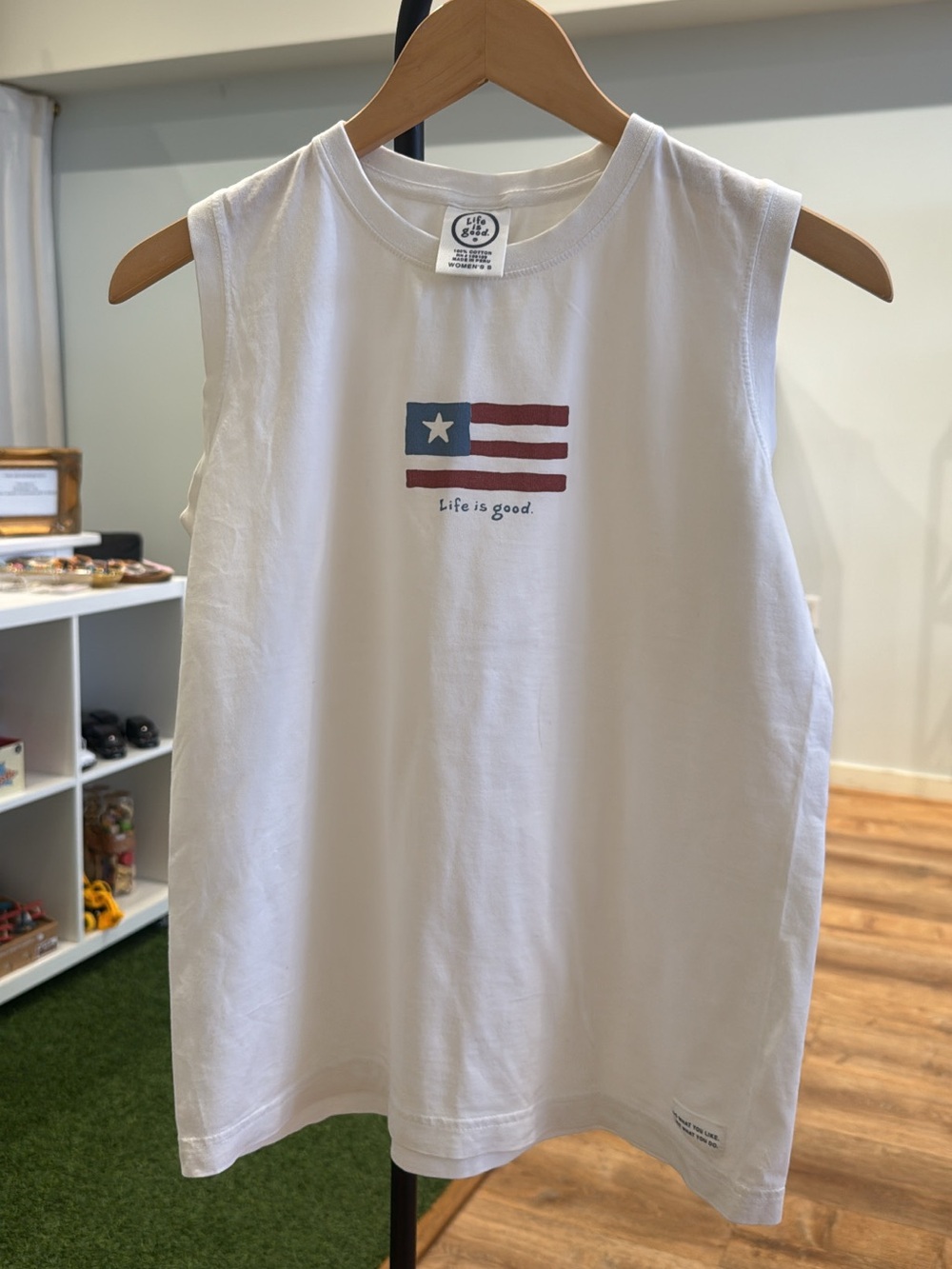 Women’s Life Is Good White Tank with Flag Graphic